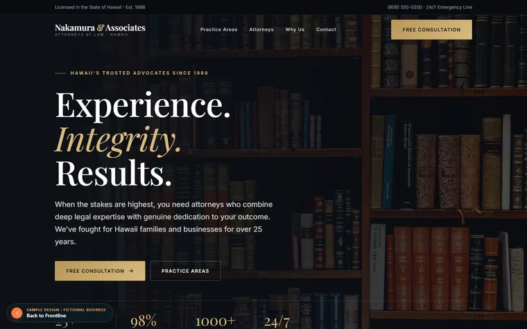 Screenshot of the Nakamura and Associates sample site, a Hawaii law firm concept homepage