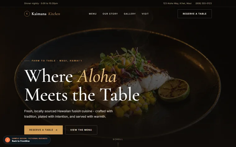 Screenshot of the Kaimana Kitchen sample site, a Hawaiian fusion restaurant concept homepage