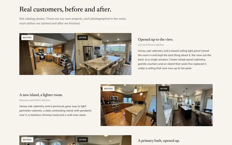 The rebuilt Foothills site showing real customer kitchen remodels photographed before and after
